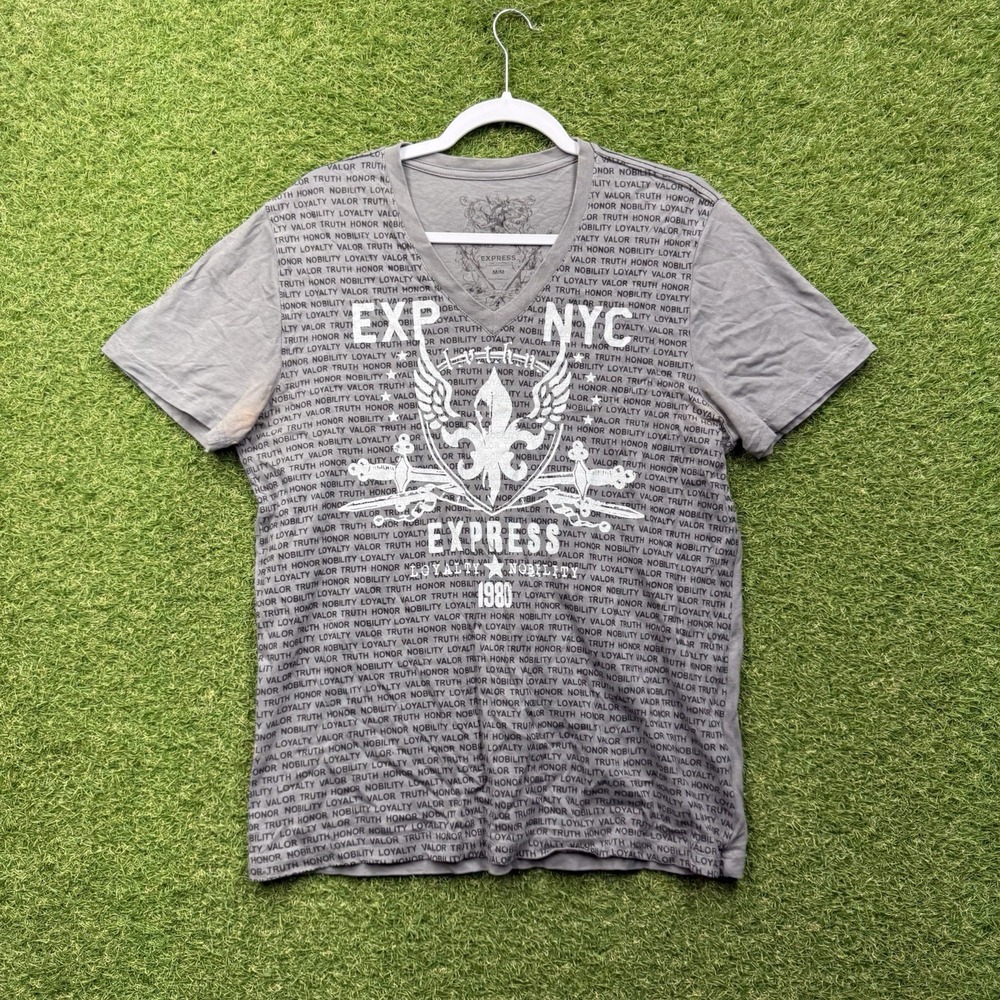 Express Shirt Mens Medium V Neck Graphic Script Loyalty Y2K Grunge Logo Grey